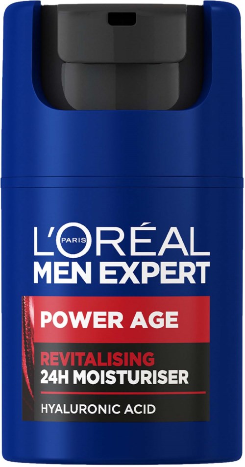 L'Oréal Men Expert Power Age Feuchtigkeitscremeflasche mit blauer Verpackung und rotem, schwarzem und weißem Etikett.