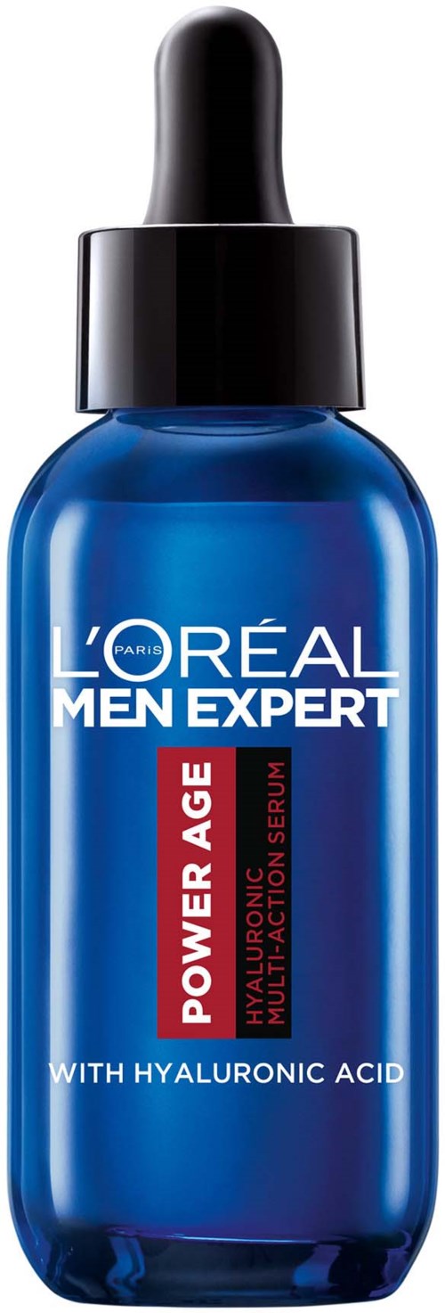 En blå flaske med svart dråpekopp merket L'Oréal Men Expert Power Age serum med hyaluronsyre.