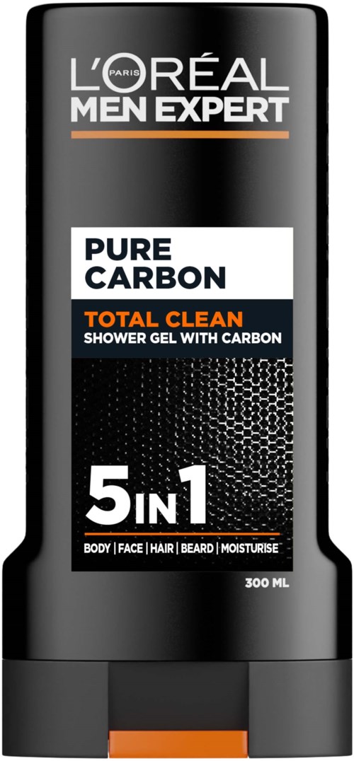 L'Oréal Men Expert Pure Carbon Total Clean dusjsåpeflaske med svart og hvit design og oransje detalj.