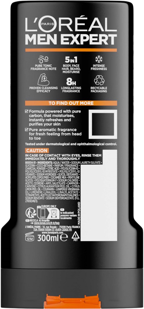 L'Oréal Men Expert 5-i-1 ansiktsrensflaske med produktdetaljer og instruksjoner.
