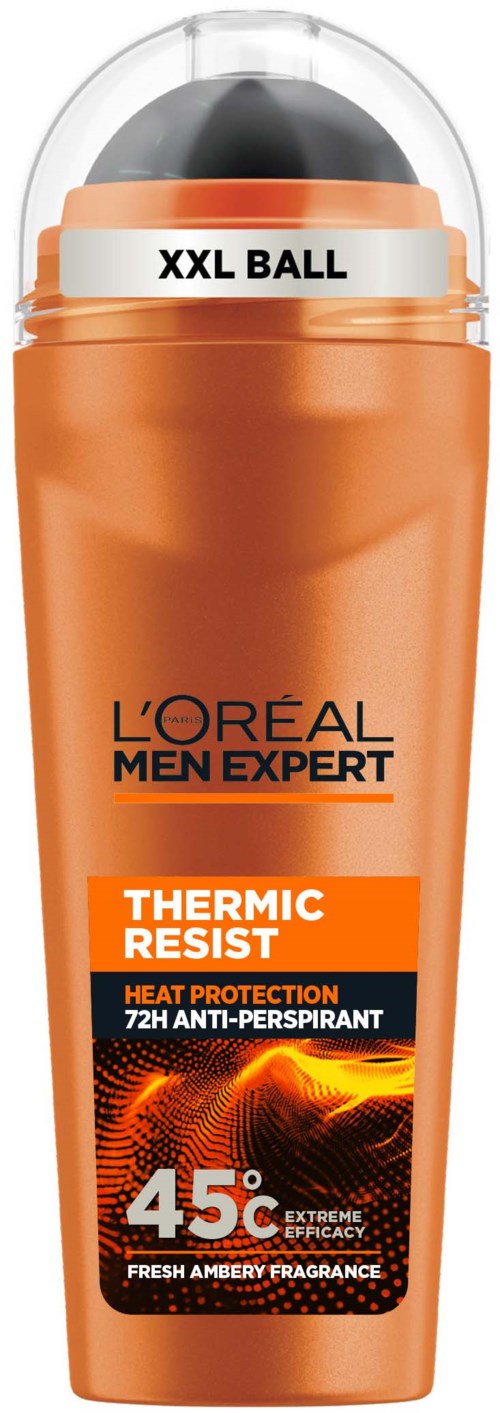 En L'Oreal Men Expert Thermic Resist deodorantbehållare med svart lock och orange kropp, som visar värmeskydd och antiperspirantfunktioner.