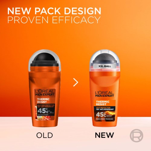 Jämförelse av gamla och nya L'Oreal Men Expert deodorantförpackningar, visar designändring och större storlek.