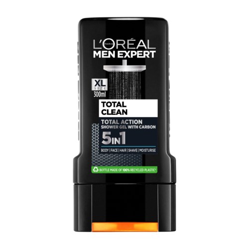 L'Oréal Men Expert Duschgel Flasche, schwarz mit weißer und orange Etikett, sagt "Total Clean, 5-in-1 für Körper, Gesicht, Haar, Rasur, Feuchtigkeit."