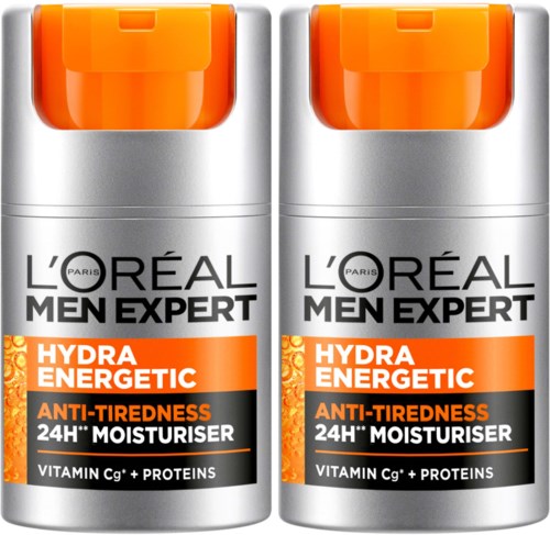 To flasker av L'Oréal Men Expert Hydra Energetic Anti-Tiredness fuktighetskrem med oransje lokk og hvite flasker.