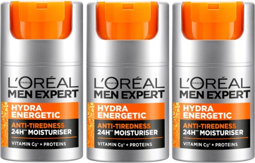 Tre små flasker med L'Oréal Men Expert Hydra Energetic fuktighetskrem med oransje lokk. De motvirker tretthet og gir fukt.