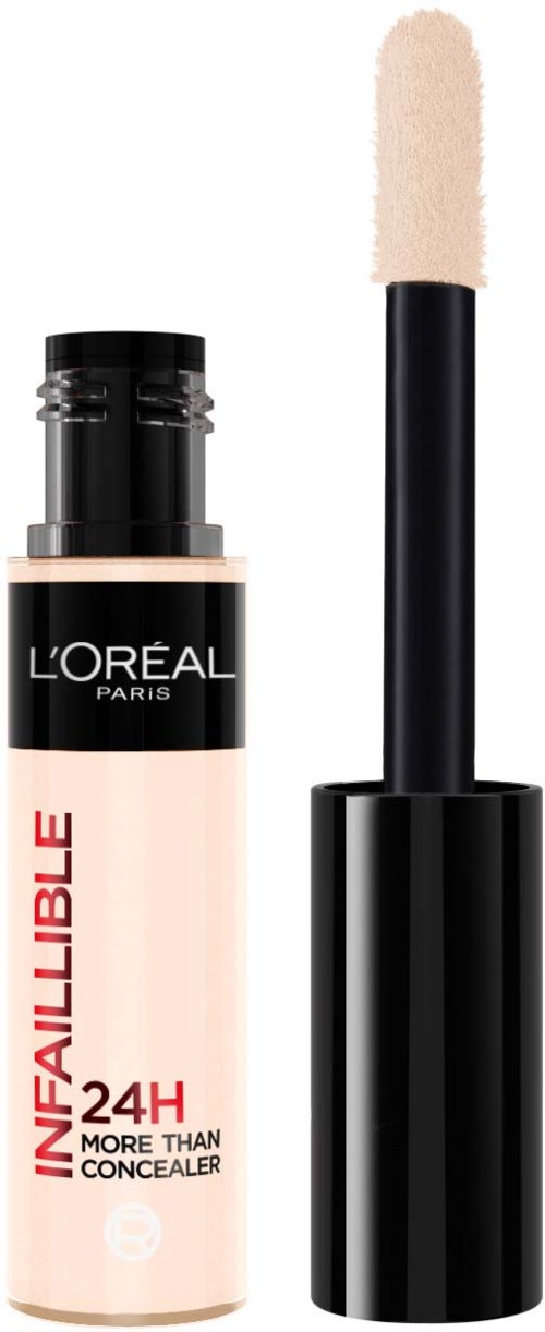 Eine Flasche L'Oréal Concealer mit Applikator und schwarzem Deckel. Das Etikett liest 'Infaillible 24H'.