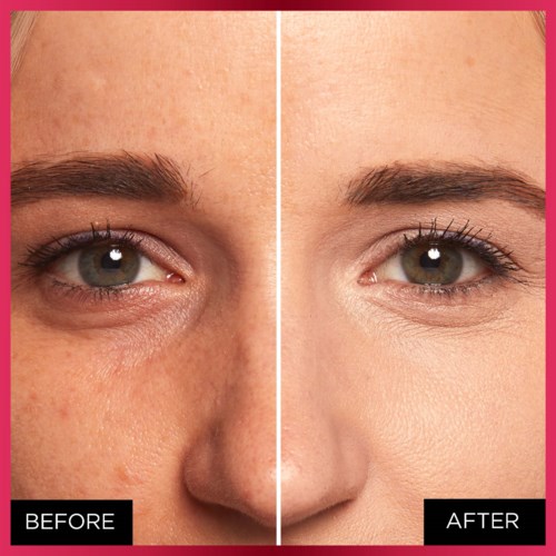 Ein Seitenvergleich zeigt den Augenbereich einer Person vor und nach Hautpflege oder Make-up. Die Haut sieht glatter und heller aus nach.
