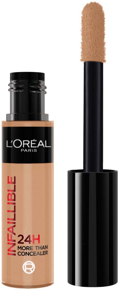 En concealerflaska med applicatorpensel, märkt L'Oréal, beige färgad produkt för hudtäckning.
