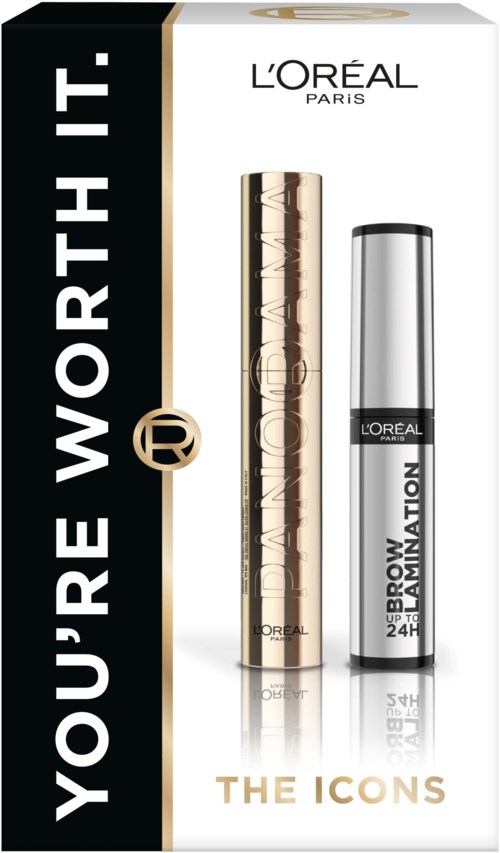L'Oreal øyenbrynsgele og primer i innpakning med svarte og gull detaljer og et klart rør.