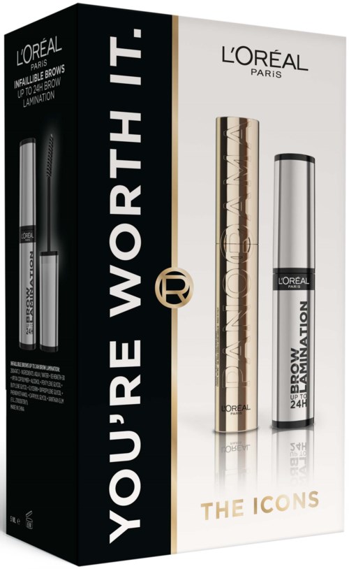 L'Oréal gaveesett med brynprodukt i svart og gull emballasje, og en klar tube med mascara eller bryngel.