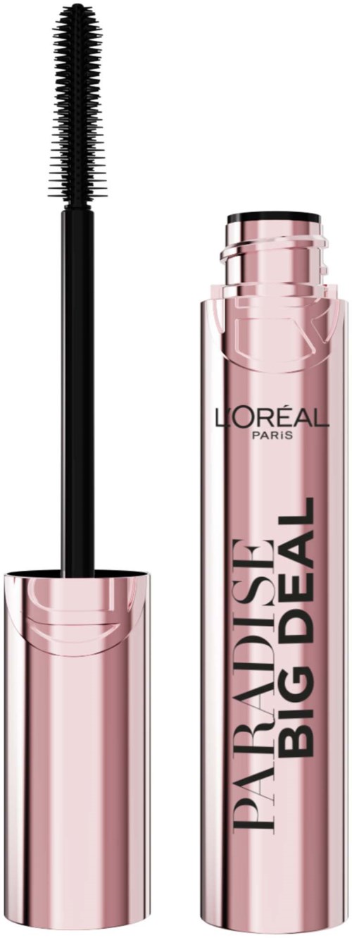 A pink mascara tube with the words "PARADISE BIG & BIG DEAL" and its wand next to it.