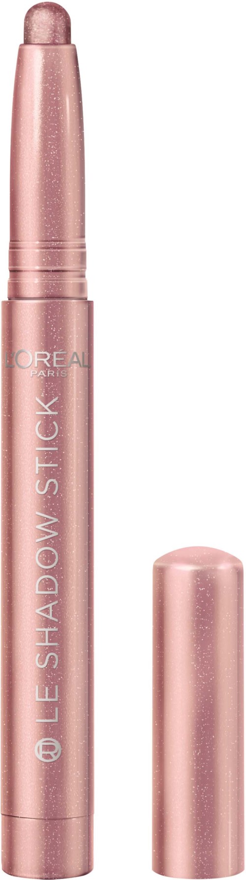 Pink velvety makeup stick with a cap, labeled 'L'Oréal Paris Shadow Stick'.