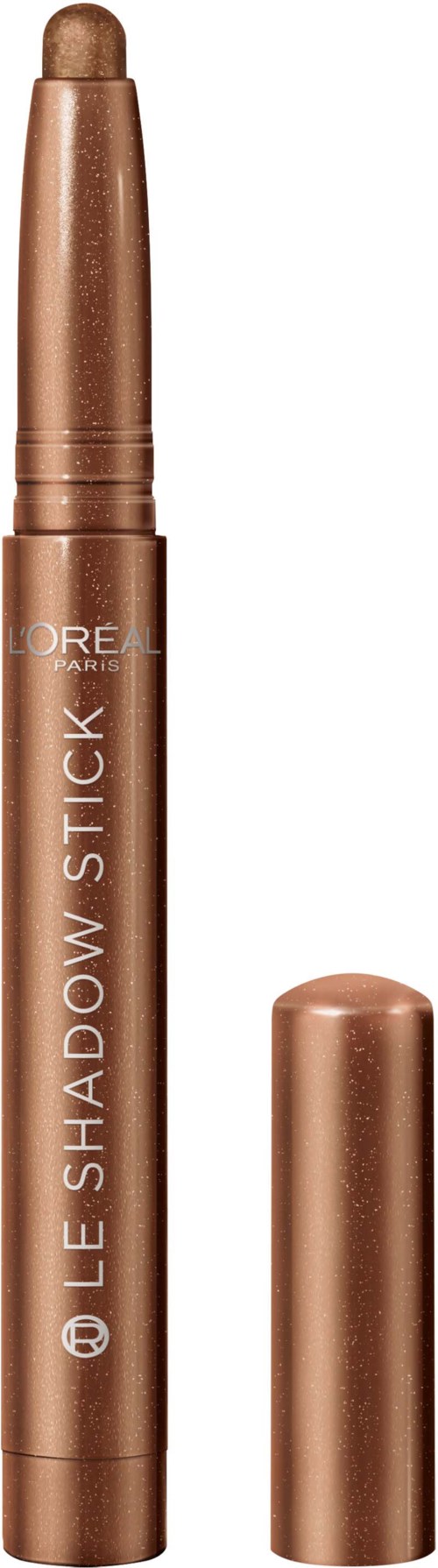Een bruin oogschaduwpotlood met afneembare dop, gemarkeerd 'L'Oreal Paris Le Shadow Stick' voor make-up.
