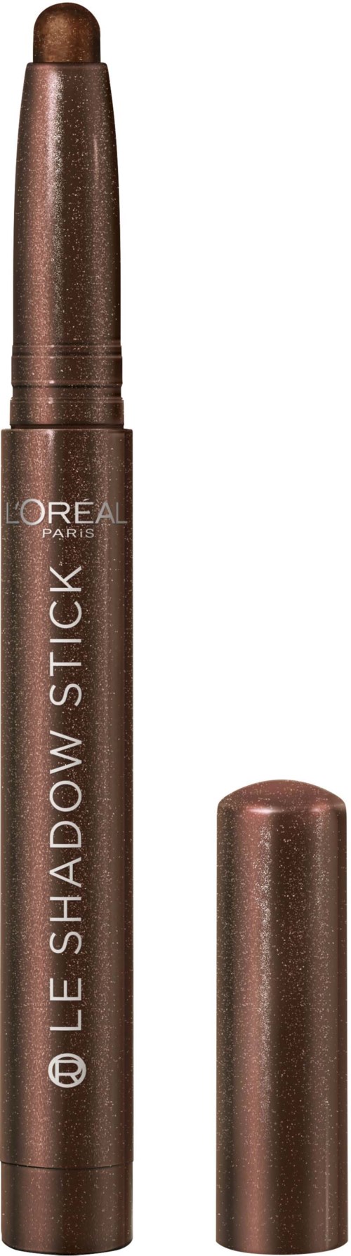 Een bruine oogschaduwstift met dop, gemerkt 'L'Oréal Paris' en 'Shadow Stick'.