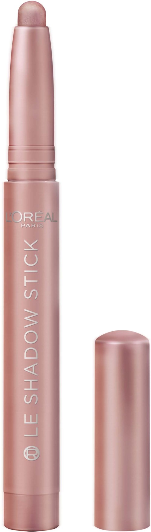 Ein rosa Lippenstift mit Deckel, gekennzeichnet 'L'Oreal Shadow Stick,' steht aufrecht.