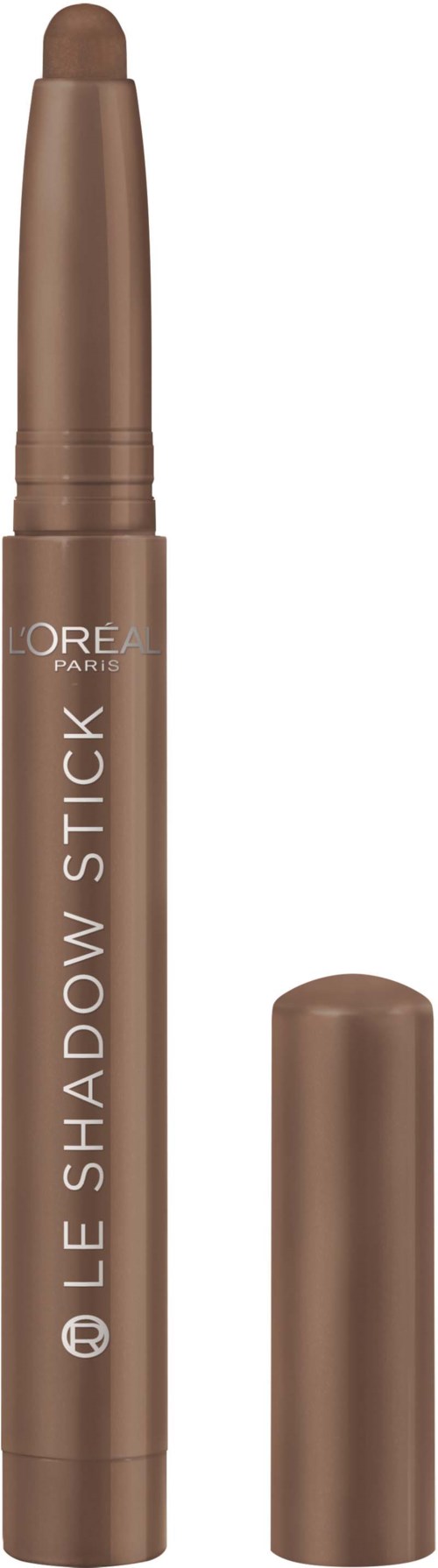 Een bruine oogschaduwpotlood met dop, gemerkt 'Le Shadow Stick' door L'Oréal Paris.