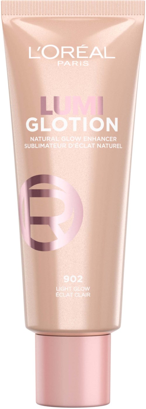 Eine Tube L'Oréal Lumi Glow Lotion, hellrosa Verpackung mit Text und Logo, zeigt es ist ein Glühen-Verbesserer.