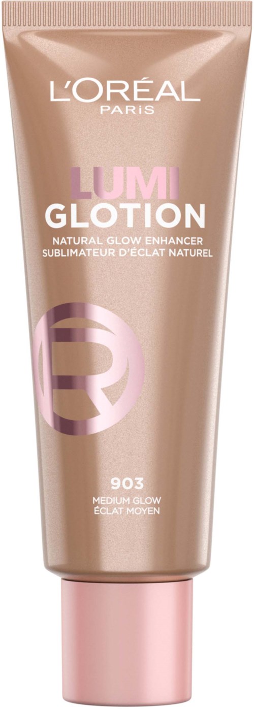 L'Oréal Lumglotion Tube mit rosa Kappe, beige Farbe, Markenname, Produktname und Nummer.