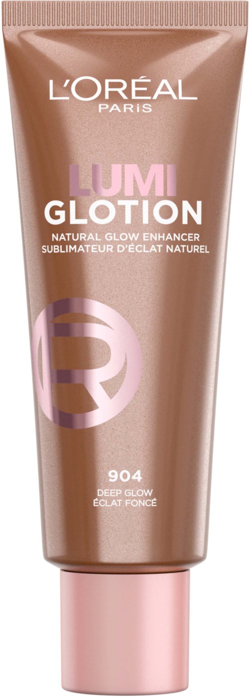 Een L'Oréal Paris Lumiglow Lotion tube in roze en beige met tekst in roze en paars, promotie voor een gloeiende product.