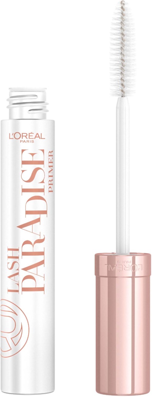 A white tube of L'Oreal Lash Paradise mascara with a pink cap and wand applicator.