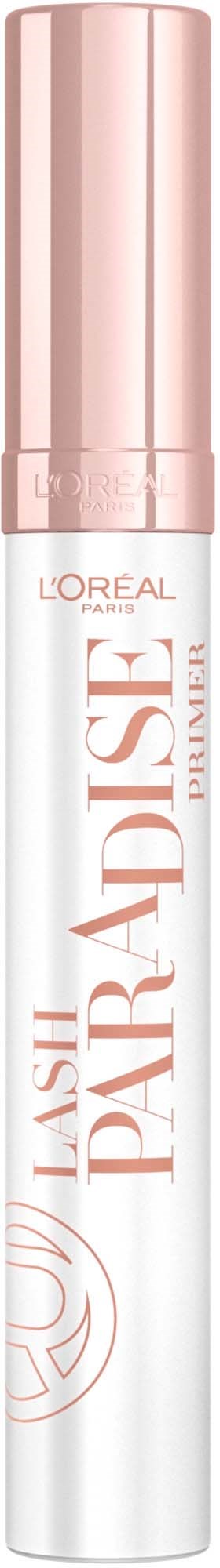 A white and pink tube of L'Oréal Lash Paradise mascara with a rose gold cap.