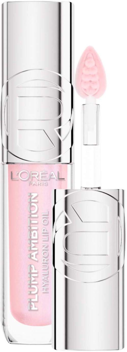 A pink lip gloss tube with a clear cap, logo, and a small applicator wand.