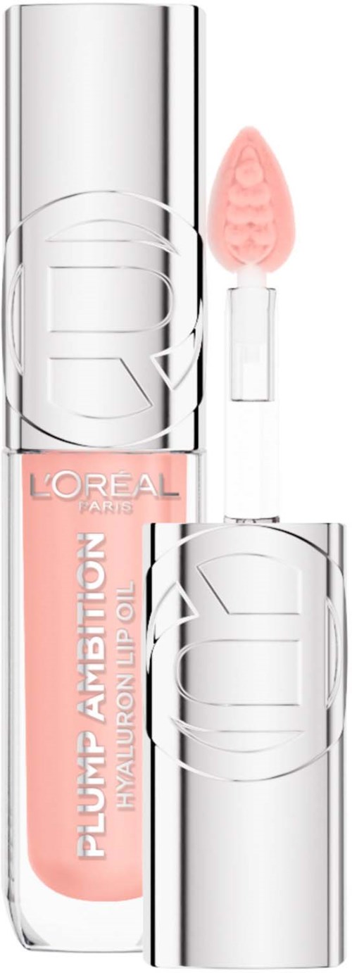 A lip gloss tube with a pink shade, silver cap, and applicator wand attached, labeled L'Oréal Plumtition.