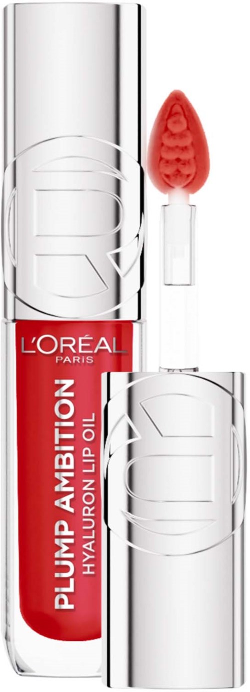 Rood lippenolie in doorzichtige container met witte dop en applicator. L'Oréal Ambition label zichtbaar.