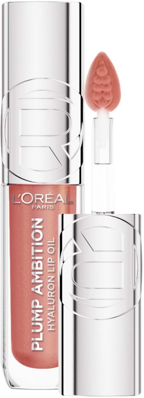 L'Oréal Ambition hyaluronic lip oil with pink applicator and shiny silver casing.