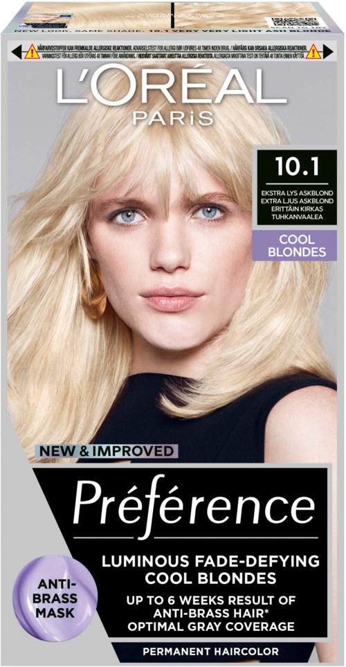 L'Oréal Preference haarverfdoos, blonde model met lang haar, labels benadrukken koele blondes, anti-brassy masker en nieuwe formule.