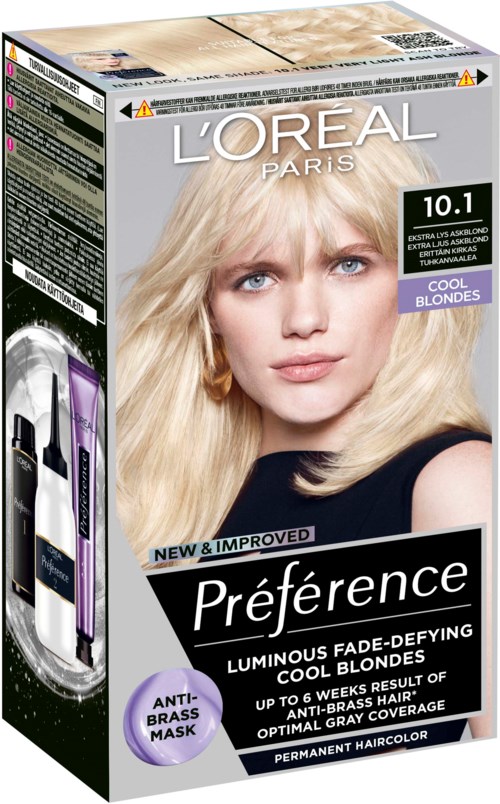 L'Oréal Paris haarverf doos voor koele blondines, met een blonde vrouw en productgegevens.