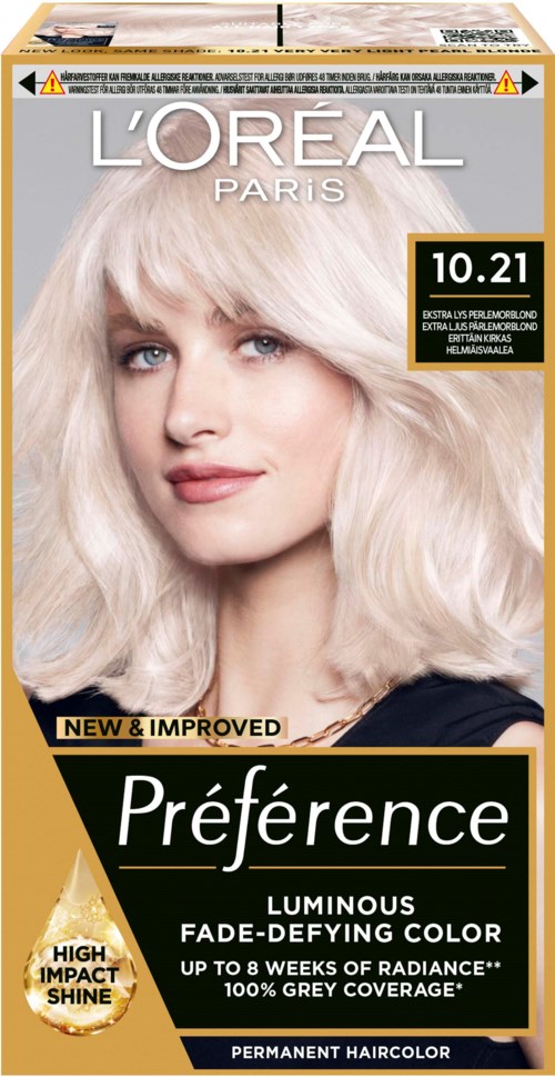 L'Oréal Paris Haarfärbeverpackung, Farbton 10.21, mit einer Frau mit platinblonden Haaren und blauen Augen.