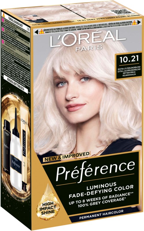 L'Oréal-Box für Haarfarbe mit einer Frau mit blondem Haar und Produktdetails.