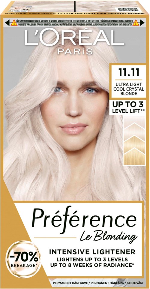 L'Oréal Haarfärbekarton mit einer blonden Frau und Details zur Aufhellung bis zu drei Stufen.