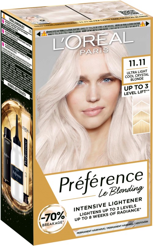 Verpackung von L'Oréal Préférence Haarfarbe für Blond. Zeigt eine Frau mit langen, platinblonden Haaren.