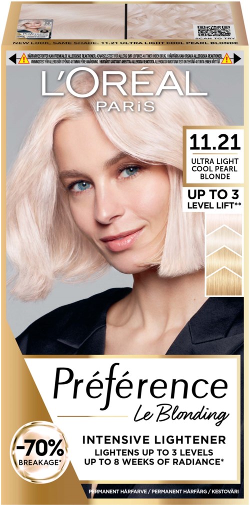 Eine Haarfärbekarte mit einer Frau mit platinblonden Haaren, L'Oréal Paris-Logo und Text über Haarfarbe und Aufhellung.