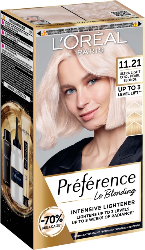 L'Oréal Paris Haarfärbekarton, blonde Frau mit hellen Haaren, zeigt Aufhellungseffekt, Farbton 11.21, und bis zu 3 Level Aufhellung.