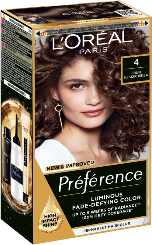 Eine Schachtel L'Oréal Haarfärbeprodukt mit einer Frau, die lockiges Haar zeigt, und einem gold-schwarzen Design.