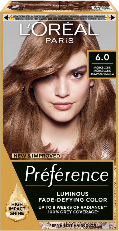 En hårfärgningsförpackning med en ung kvinna med långt, ljusbrunt hår som ler. Det är L'Oréal Préférence Luminous färg, nummer 6.0.