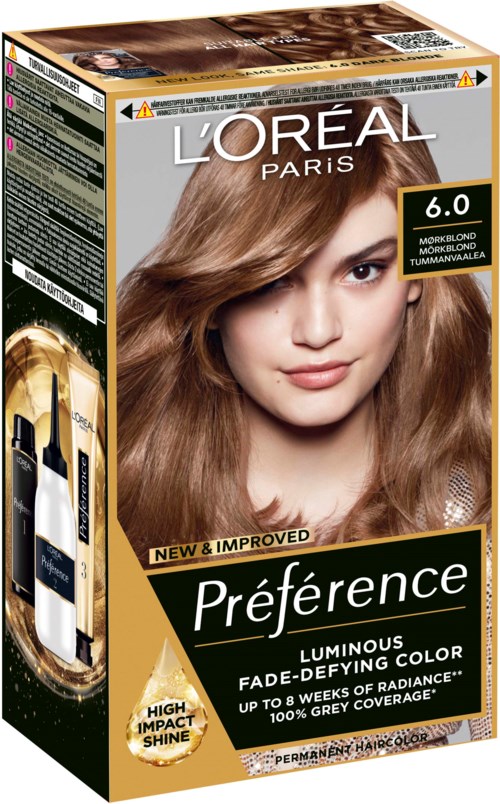 En hårfärgningsbox med en kvinna med ljusbrunt hår, L'Oréal Paris-logga, och beskrivning av färgningens fördelar.