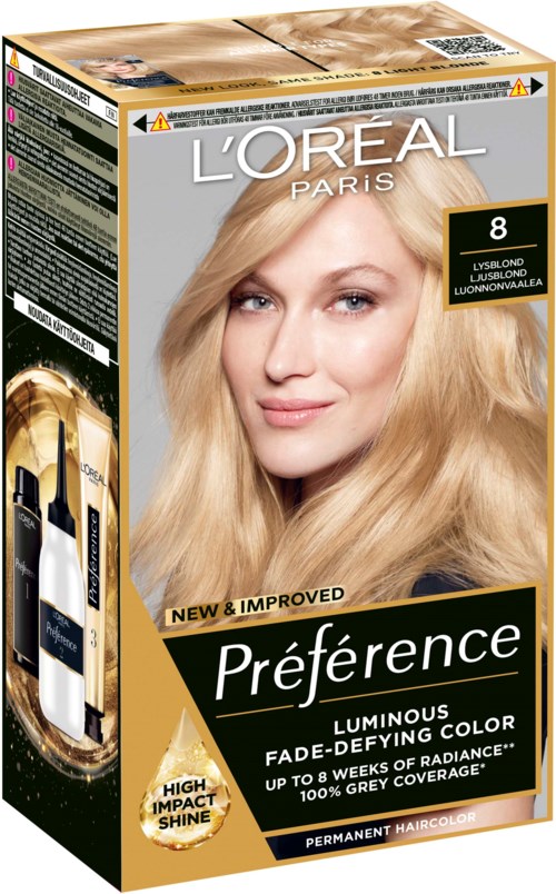 L'Oréal Préférence hårfärgningslåda med en kvinna som visar långt blont hår och produktinformation.