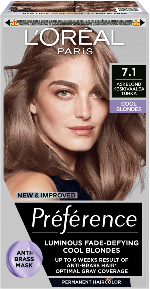 L'Oréal Preference Haarfärbekarton zeigt eine Frau mit langen, glänzenden, hellbraunen Haaren. Es ist für kühle Blondinen und hält bis zu sechs Wochen.
