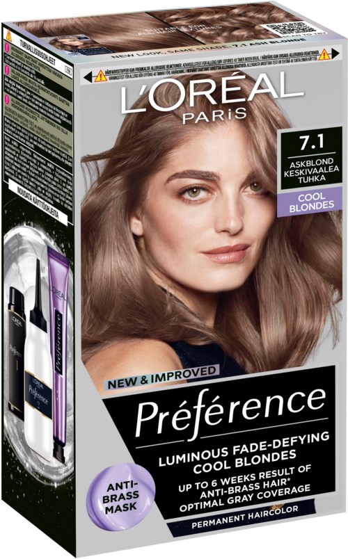Eine Haarfärbekarton zeigt eine Frau mit hellbraunem, glänzendem Haar, L'Oréal Paris-Marke und Produktdetails für blondes Haar.