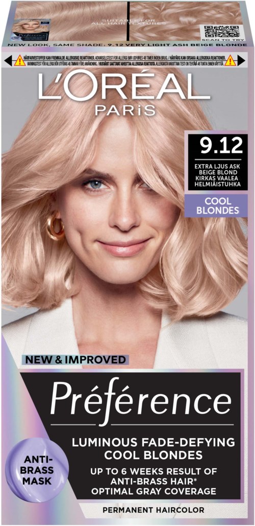 Haarfärbebox für Blonde mit lachender Frau, hellblondes Haar. Enthält Produktdetails und Funktionen.