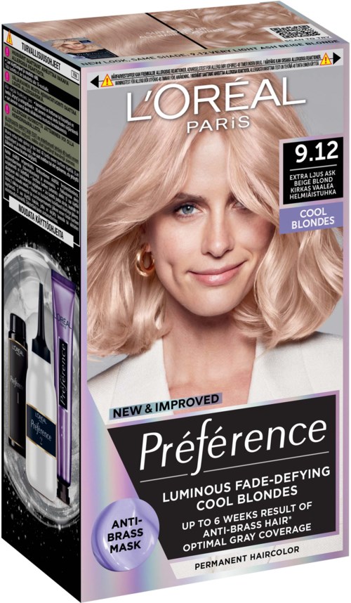 Eine Schachtel L'Oréal Préférence Haarfarbe für kalte Blondinen mit einem winking Blond-Frau, Produktdetails und lila Highlights.