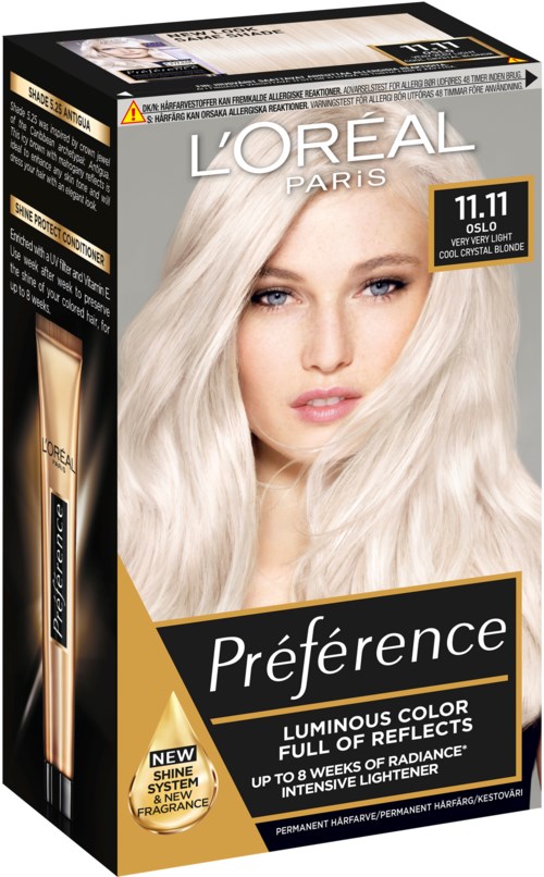 L'Oréal Paris hiusvärin pakkaukseen malli, jolla on platinablont hiukset ja tuotetiedot.
