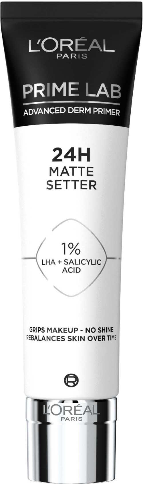 En tub med L'Oreal Prime Lab mattfärgsinställningsprimer, svart och vitt, nämner 24 timmars matt yta, med salicylsyra.