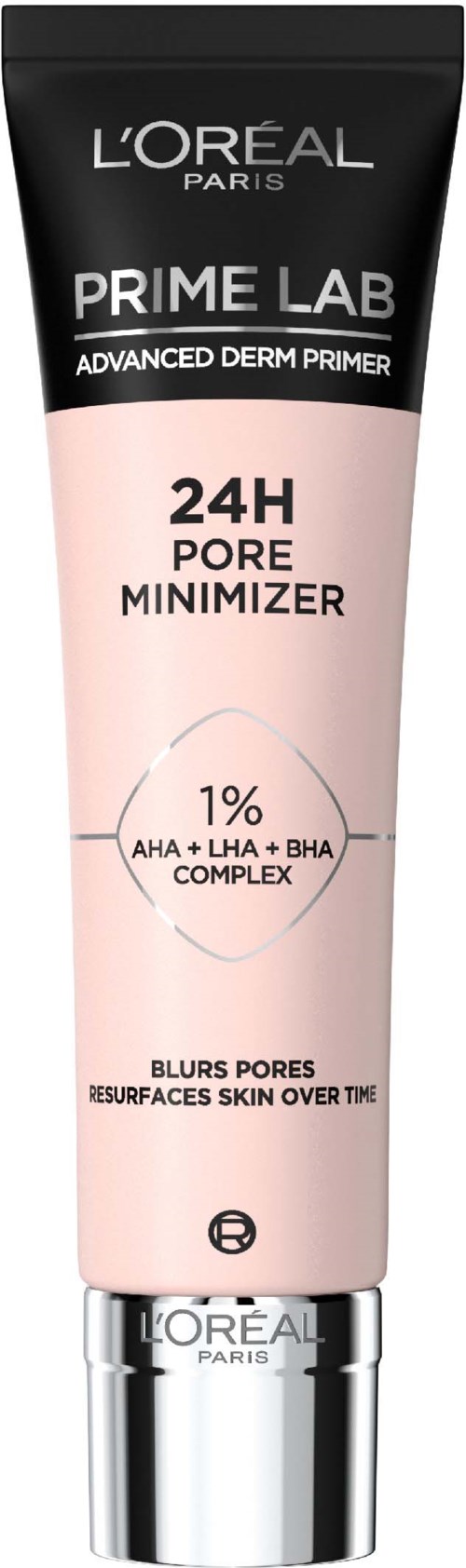 Rosa och svart tub med L'Oréal Prime Lab pore minimizer och text om 24-timmars porkontroll och ingredienser.