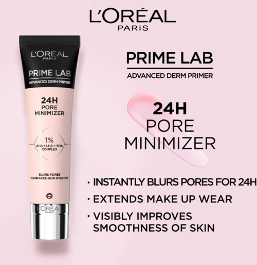 L'Oréal Prime Lab primer påstår att den suddar ut porer, förlänger makeup och förbättrar hudens släthet.
