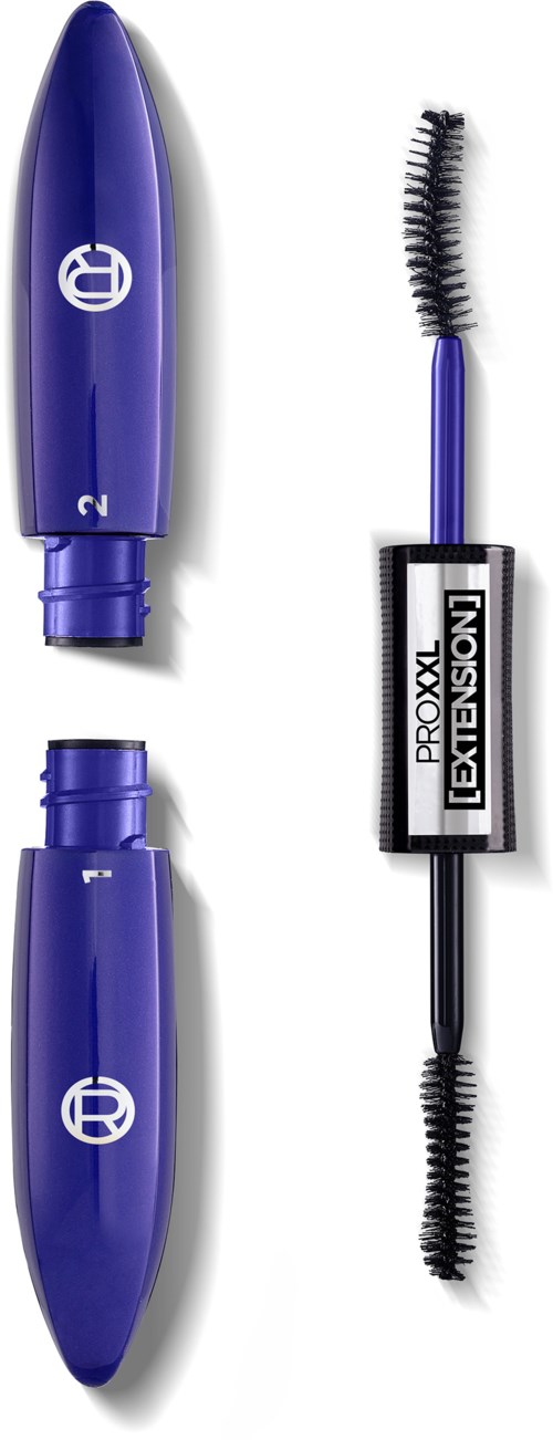 Zwei lila Mascara-Röhren mit Bürsten, gekennzeichnet Proxl Extension, werden vertikal gezeigt. Die Bürsten sind gebogen.